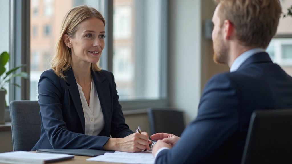 Två juridiska professionella diskuterar arbetsrätt vid ett modernt skrivbord